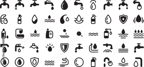 Large collection of black and white water and faucet icons, depicting various forms of liquid and plumbing symbols.