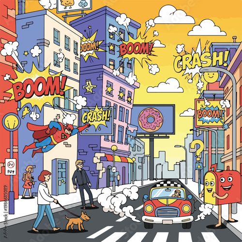 A chaotic city street with cartoon characters and explosive effects