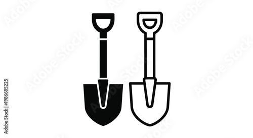 Two black and white icons depict different styles of gardening shovels