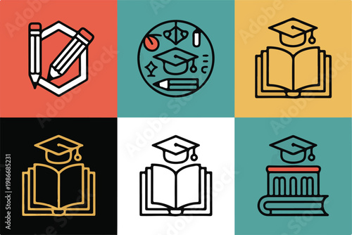 Minimalist education icons set featuring graduation caps and open books on colorful square backgrounds for academic theme projects.