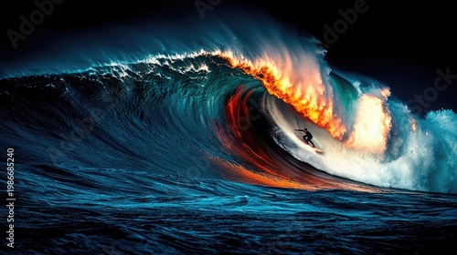 surfer rides giant wave at sunset