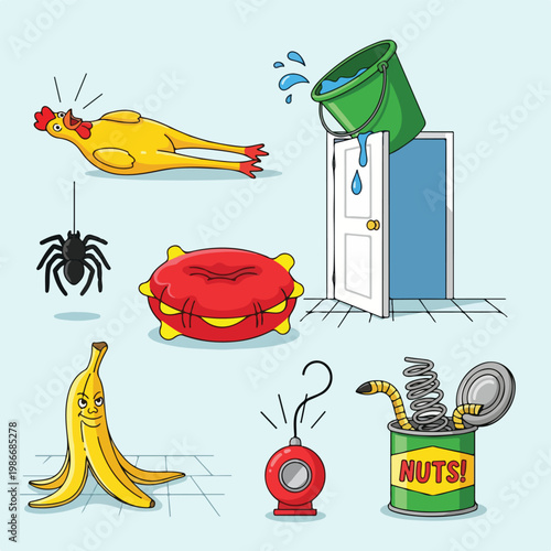 A chaotic scene with cartoon food and objects in disarray