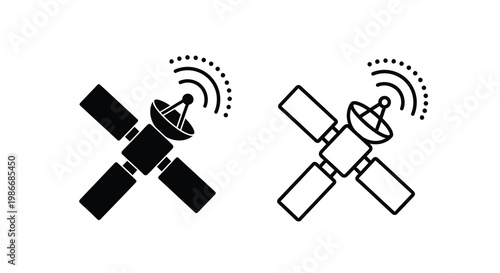 Two black and white depictions of orbiting satellites with signal waves