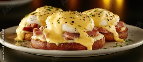 eggs benedict with ham and hollandaise sauce on toasted bread