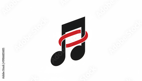 Music note icon with red ribbon crossing black shapes for modern sound branding and audio app graphics