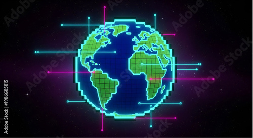 World Map with Digital Global Network Connections Pixel Art