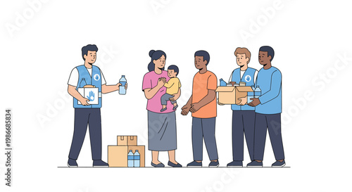 Diverse group of people helping each other with boxes and supplies community support and aid concept