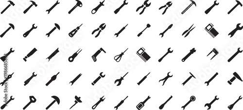 Hardware tools icon set featuring various wrenches hammers pliers and screwdrivers in black silhouette for repair maintenance.