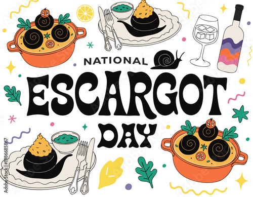 National Escargot Day Vector Illustration, French Cuisine Snail Food Celebration Design