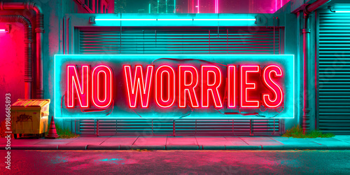 Neon No Worries Sign Glowing in a Vibrant Cyberpunk Urban City Alleyway