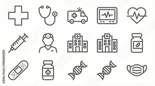 Medical and healthcare line icon set. Minimalist vector illustration of hospital, doctor, medicine, and first aid symbols.