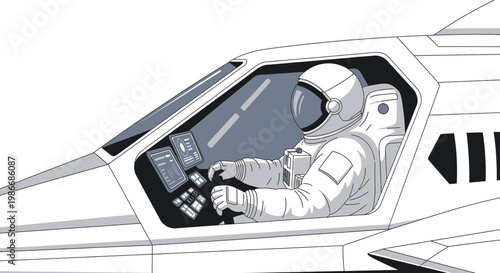 Astronaut in spacecraft cockpit seat.