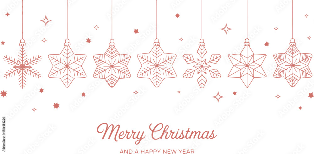 Fototapeta premium Christmas snowflakes and stars decorations merry christmas happy new year greeting card winter holiday season celebration festive background.