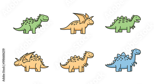 Colorful cartoon dinosaurs standing together.