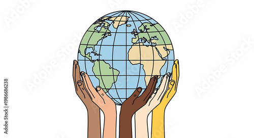 Diverse hands holding a globe with a grid pattern on a white background symbolizing unity and global connection