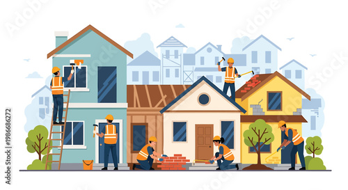 Construction workers renovating and repairing houses in a suburban neighborhood with various tools and materials