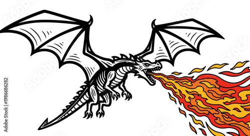 Dragon breathing fire with wings spread.