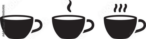 Minimalist coffee cup icon set showing different levels of steam and heat for hot beverage menus and restaurant cafe branding kits.