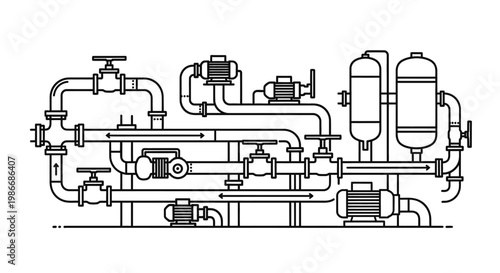 Industrial pipeline system with valves.