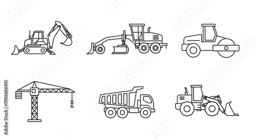 Heavy construction equipment vehicles icons.