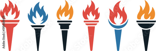 Collection of olympic torch symbols with red blue and orange flames representing sports competition victory and eternal fire spirit.