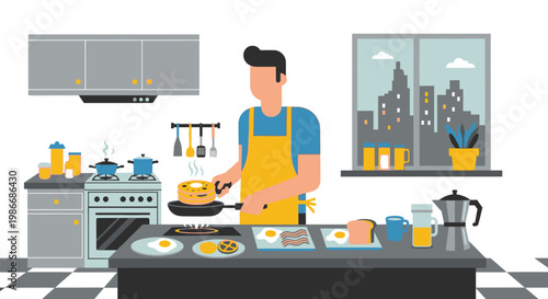 Man Cooking in Kitchen Wearing Apron.
