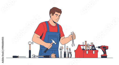 Man in blue overalls holding tools.