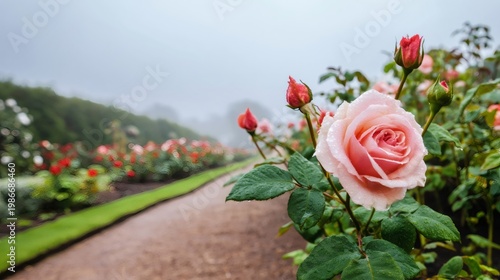 Pink rose blooming in foggy garden path