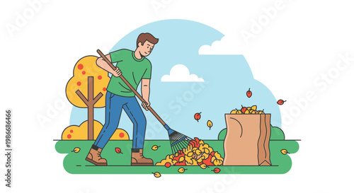 Man raking leaves into a pile.
