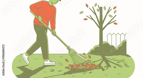 Man raking leaves in the garden.