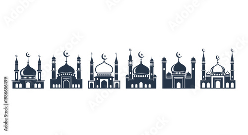 Mosque silhouettes with crescent moons.