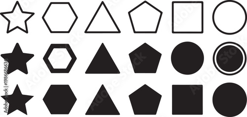 Geometric shapes set abstract icons circle square triangle star pentagon hexagon outline filled solid vector.