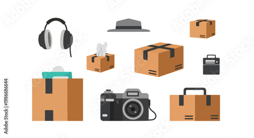 Vector illustrations featuring shipping boxes, a camera, headphones, and a hat, presented as isolated objects against a plain white backdrop.