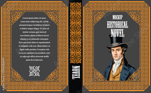 079-16-Book cover mockup displaying a man in a top hat with ornate vintage frame