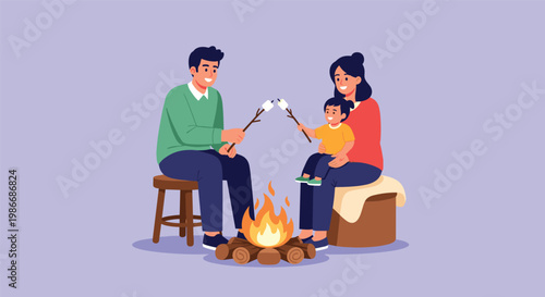 Happy young family consisting of parents and a small child roasting white marshmallows over a burning campfire during a fun outdoor evening.