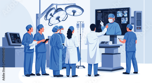 Group of medical professionals in scrubs observing a live surgical procedure on a large monitor screen for training and collaborative purposes.