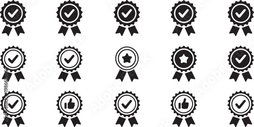Quality seal guarantee icon set vector illustration achievement award badge collection success check mark star thumbs up symbol.
