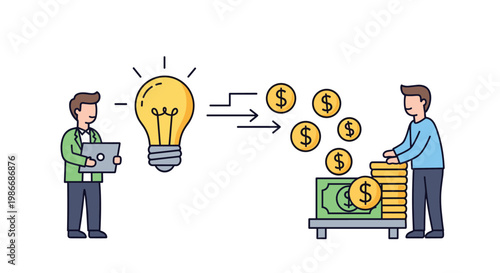 Two businessmen transforming a bright creative idea into financial profit as money coins flow from a lightbulb into a large stack of cash.