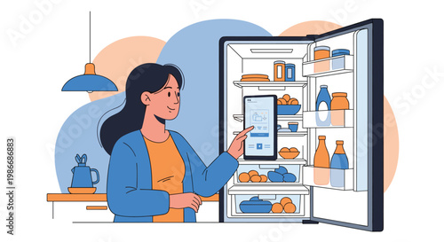 Young woman using a tablet computer to remotely manage the inventory and temperature settings of her modern smart refrigerator in the kitchen.
