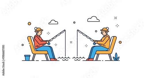 Two elderly friends enjoying a relaxing day of fishing while sitting in chairs by the water on a sunny day.