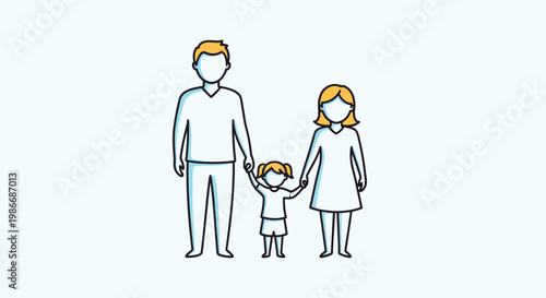 Minimalist outline illustration of a young family with father, mother and daughter standing together as a single unit.