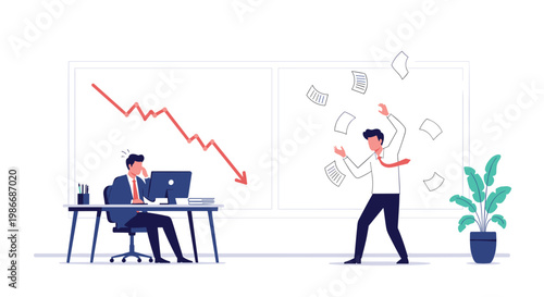 Stressed business employees reacting to a dramatic financial loss shown by a sharp downward trend on a chart.