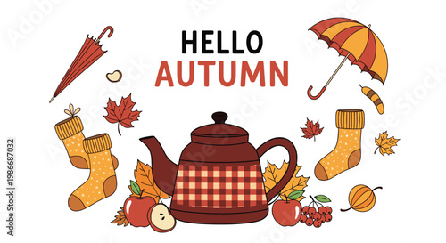 Beautiful autumn themed composition with a teapot, wool socks, colorful leaves and fresh apples on a white background.