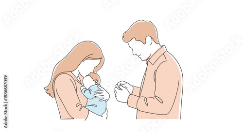 New parents admiring their sleeping newborn baby in a gentle and intimate family moment illustrated in soft tones.