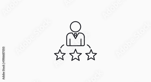 Simple black and white line icon showing a person with three stars underneath representing customer rating or ranking.