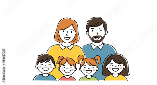 Portrait of a large happy family including mother, father and four children smiling together in a colorful illustration.