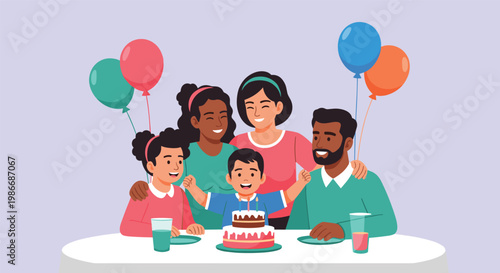 Diverse happy family celebrating a young boy's birthday with a cake, balloons and drinks at a decorated table.
