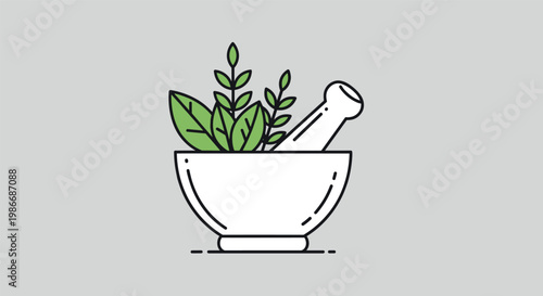 Clean line icon illustration of a traditional white mortar and pestle filled with fresh green medicinal leafy herbs.