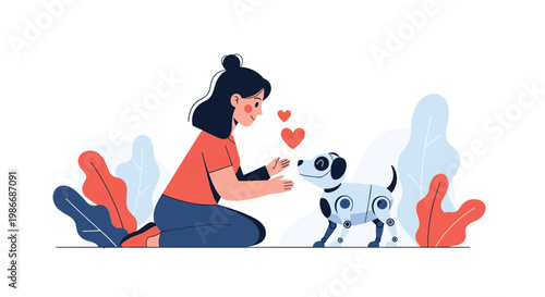 Young woman kneeling and interacting with a small futuristic robot dog in a colorful outdoor environment.