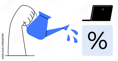 Financial growth, investment, business planning, return on investment, data analysis, strategic thinking. A hand pours water from a watering can onto a percentage symbol next to a laptop. Financial